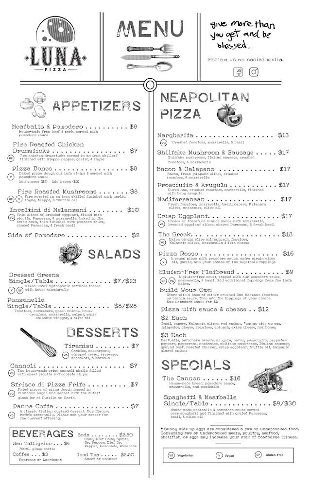 Luna Pizza Cafe - Clayton Menu image 1